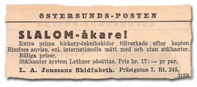 Östersunds-Posten 22 februari 1935: Sveriges första slalomskida, ”Kapten Rimfors”, tillverkades av L A Jonssons skidfabrik i Östersund.